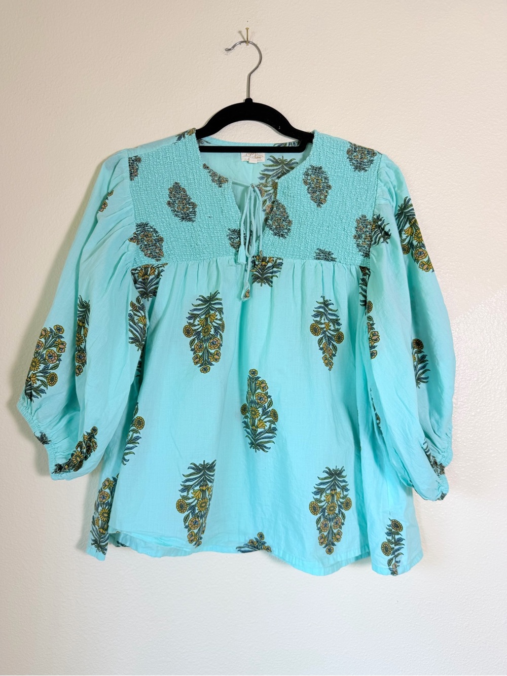 Block-print Cotton Smocked Puff Sleeve Peasant Blouse, Size Medium